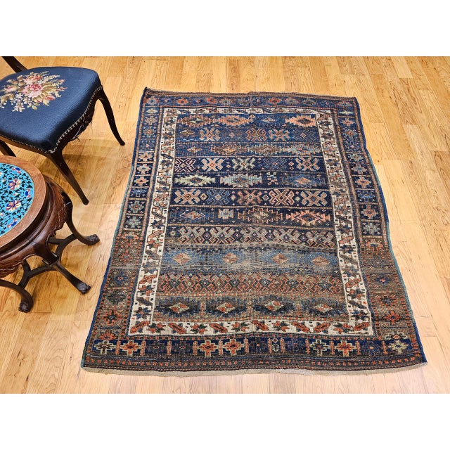 Textile Antique Caucasian Shahsavan Tribal Rug, Hand-Knotted Wool, Geometric Pattern, Navy & Green, 5x6 For Sale - Image 7 of 16