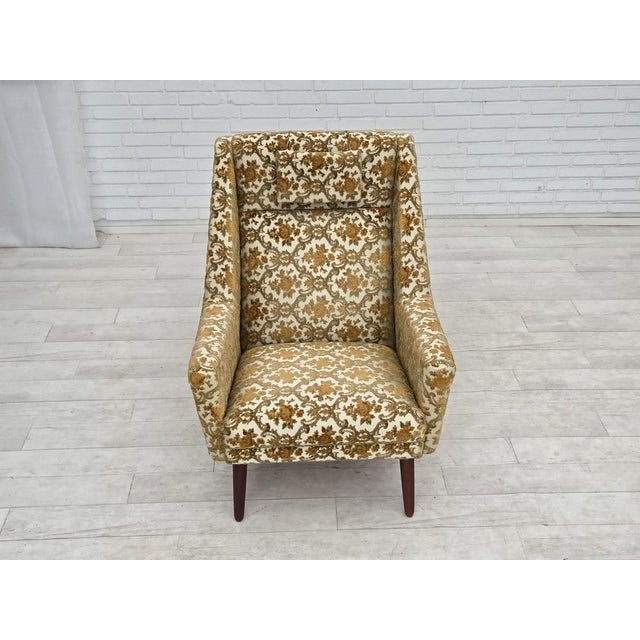 Danish Highback Armchair in Brown/Beige Furniture Fabric and Teak Wood, 1970s For Sale - Image 6 of 17