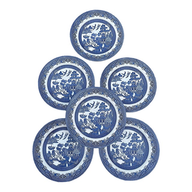 Vintage Large Blue Willow Dinner Plates Made in Staffordshire England - a Set of 6 For Sale