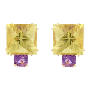 Amethyst and Lemon Topaz Clip on Stud Earrings in 18k Yellow Gold- 2 Pieces