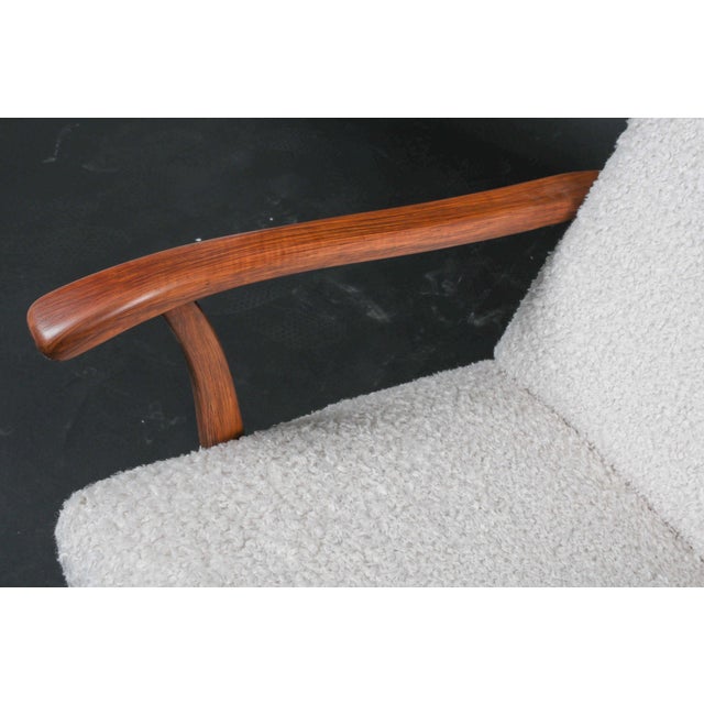 White Mid Century Art Deco Lounge Chair Teak & Boucle W/Ottoman For Sale - Image 8 of 8