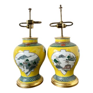 Vintage Asian Glazed Ceramic Pastoral Lamps - A Pair For Sale