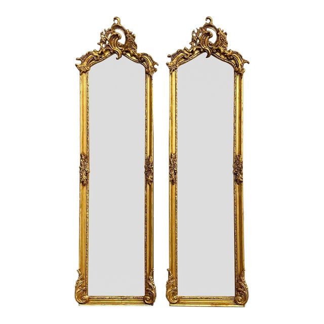 French Style Gold Leaf Floor Mirror Set – 2 Mirrors, 6 Ft Tall Elegant Décor For Sale