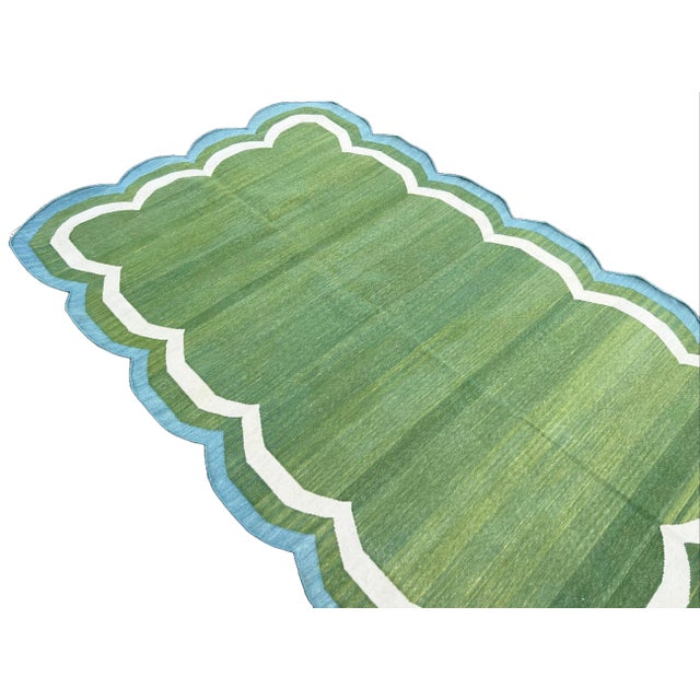 Mid-Century Modern Handmade Cotton Area Rug, Flat Weave Moss Green Scalloped Dhurrie Teal Blue Border - 5'x7' For Sale - Image 3 of 10