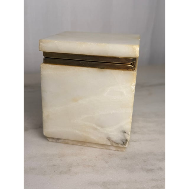Vintage White Stone Alabaster Trinket Box With Brass Shell Clasp, Jewelry Box, Square Stone Hinged Casket, Hollywood Regency Vanity Decor For Sale - Image 4 of 12