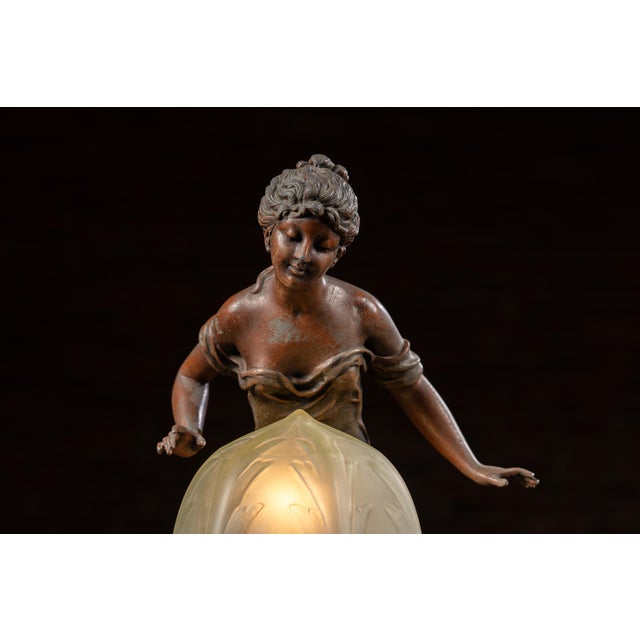 Metal 1910s Art Nouveau Figural Lamp With Uranium Glass Shade by Anglade For Sale - Image 7 of 14