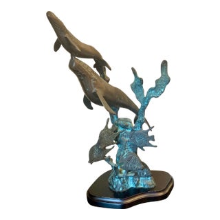 1980s Spi Solid Brass Humpback Whale & Calf Sculpture For Sale