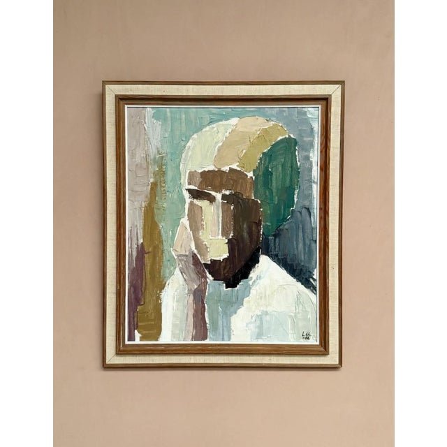 Original Scandinavian Oil on Canvas – “Cubist Portrait” by Liisa Chaudhuri – Signed – 1960s – Vintage & Framed – 52 × 60...