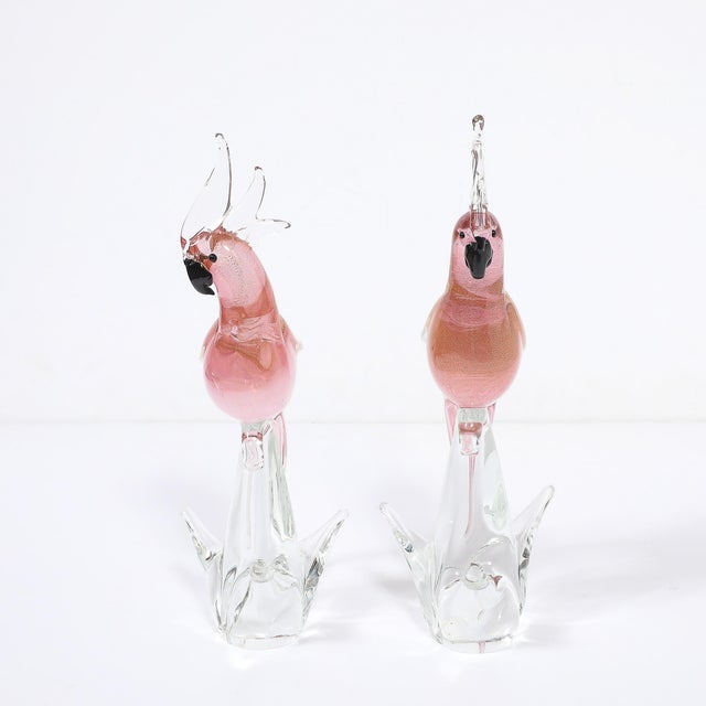 Metal Pair of Mid-Century Hand-Blown Murano Rose Hued Cockateel Sculptures W/ 24k Gold For Sale - Image 7 of 13