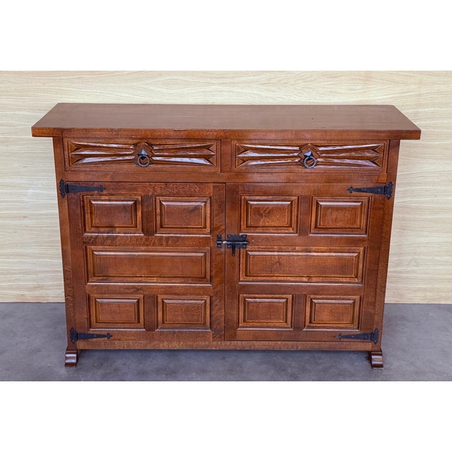 19th Spanish Baroque Carved Walnut Tuscan Three Drawers Credenza or Buffet For Sale - Image 16 of 18