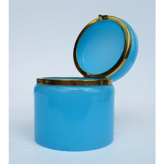 C.1920's-30's French Blue Opaline Lidded Round Brass Trimmed Lidded Keepsake Box For Sale In West Palm - Image 6 of 12