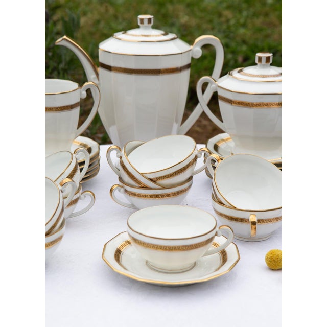 1940s Tea Set for 12, Limoges Porcelain, Gold Rim, Classic Greek Key Pattern (27 Pieces), 1930s, Set of 27 For Sale - Image 5 of 9