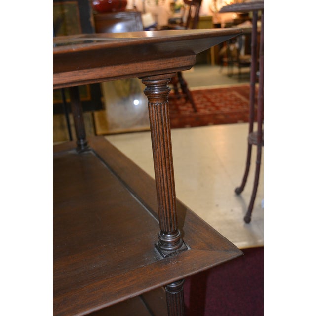 Wood 1960s Barbara Baker Style 3 Tier Square Wood & Glass Top Table W/ Columns & on Castors For Sale - Image 7 of 18