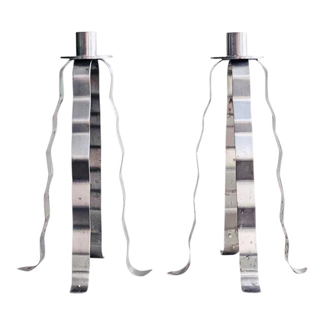 Sale! 80s PostModern Post Modern Swid Powell Style Metal Aluminum Industrial Chrome Wavy Candle Holders For Sale
