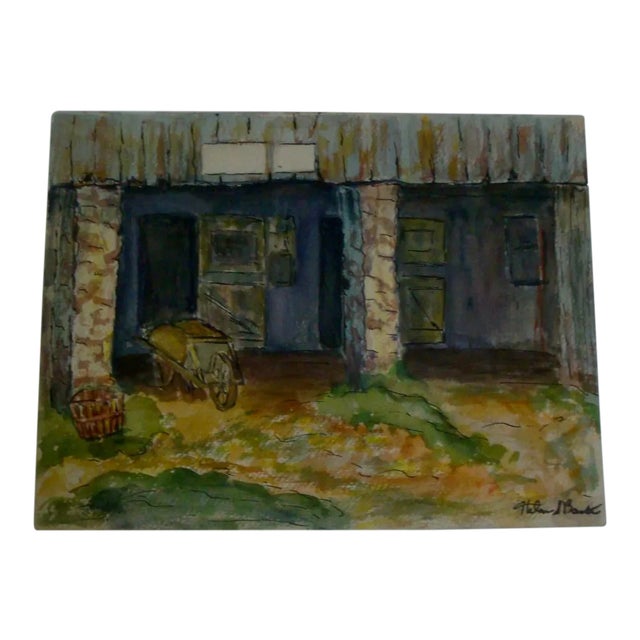 1950s Rustic Barn Shed Watercolor Painting Farm Garden Landscape For Sale