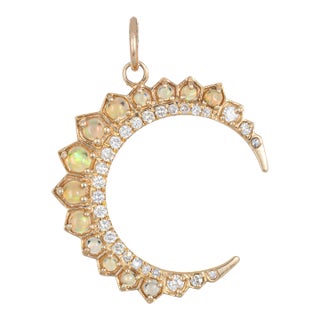 Opal Diamond Crescent Moon Pendant 14k Gold Celestial Jewelry Estate Fine For Sale