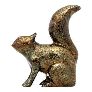 Large Vintage Brass Squirrel Figurine, Fall Woodland Animal Decor For Sale