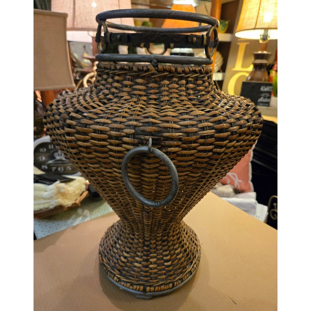 Large Vintage Woven Rattan Floor Vase With Metal Accent For Sale - Image 4 of 7