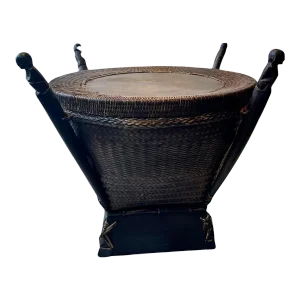 Hand Woven South East Asian Carved Wood Figure Tribal Table Lidded Vintage Basket