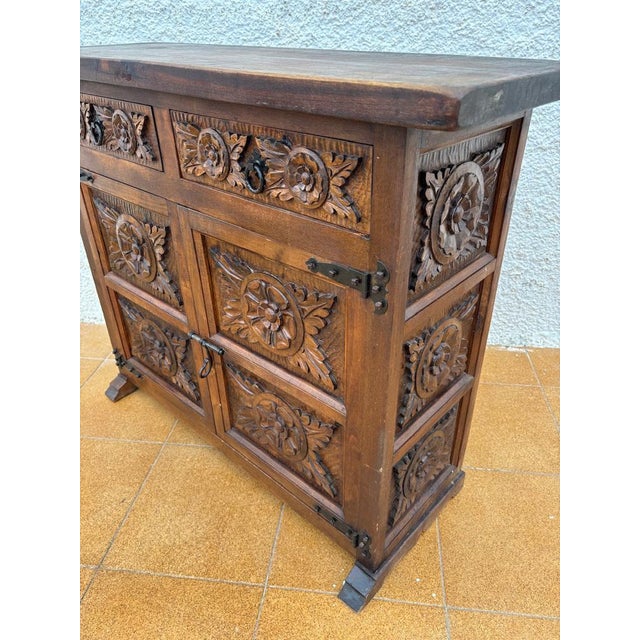 Spanish Rustic Castilian Carved Wood Cabinet, 1930s For Sale - Image 6 of 18