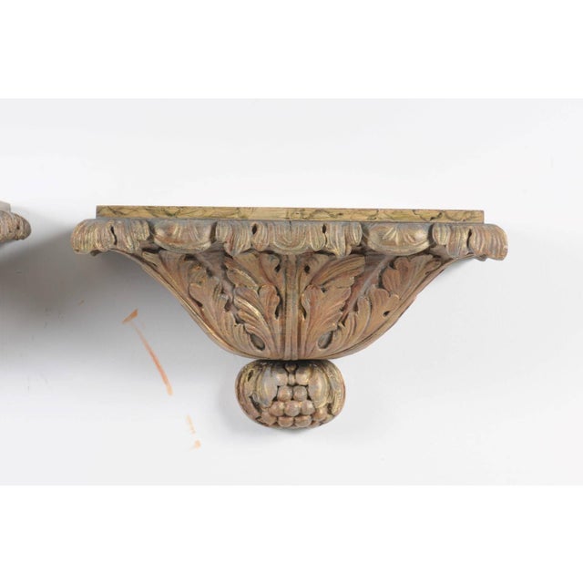 Pair of Italian Carved Giltwood Wall Brackets with Faux-Marble Tops, circa 1870 For Sale - Image 4 of 8