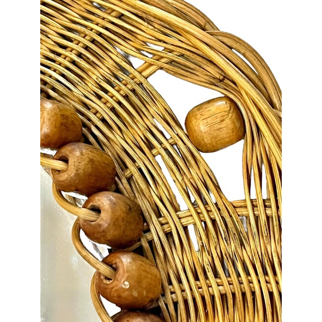 French Mid-Century Sunburst Rattan & Wood Bead Round Wall Mirror For Sale - Image 6 of 13