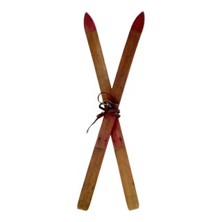 Vintage Red Tip Wood Child's Skis, Pair For Sale