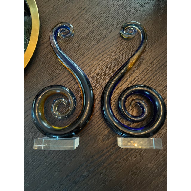 2000 - 2009 Set of 2 Contemporary Colored Blue Clear Gold Glass Sculptures For Sale - Image 5 of 10
