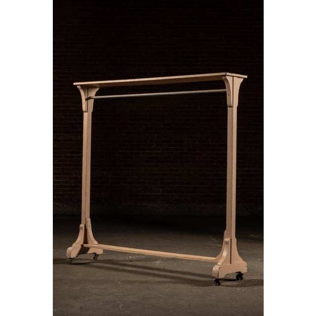 Industrial Early 20th Century Industrial Rolling Wooden Garment Rack in Beige For Sale - Image 3 of 7