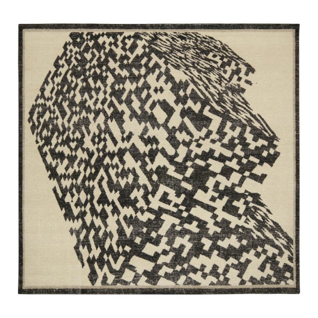 White Rug & Kilim’s Distressed Style Abstract Rug in White and Black Geometric Pattern For Sale - Image 8 of 8