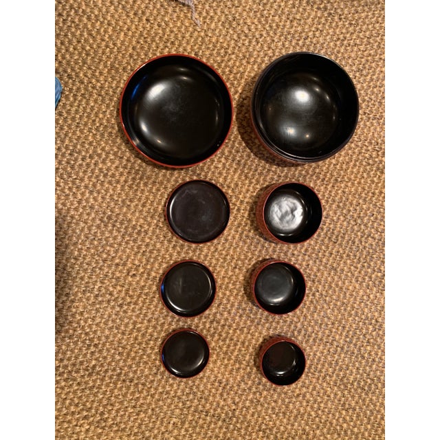 Set of 4 Japanese red and black lacquer nesting bowls with mother of pearl inlay. Bowl Measurements: 7x7x5 4.5x4.5x2.5...