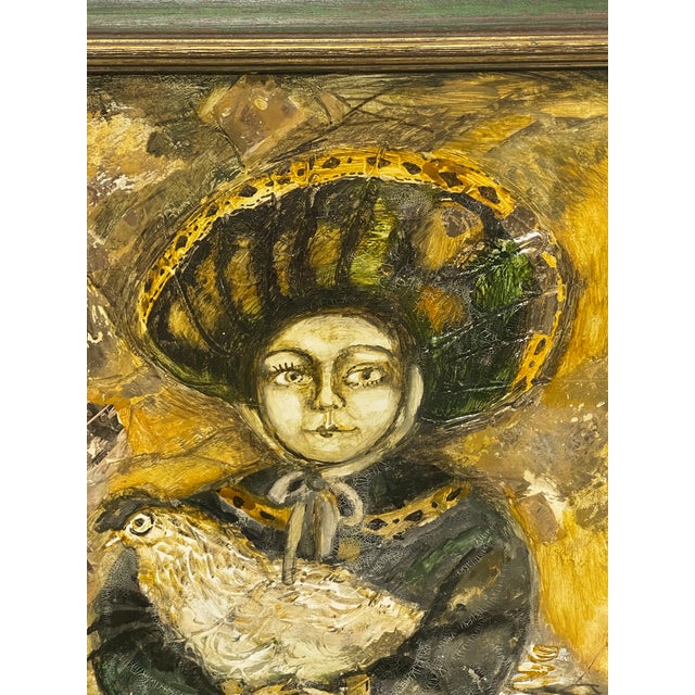 Contemporary Signed Contemporary Folk Art Mixed-Media Portrait of Woman With Bird For Sale - Image 3 of 11