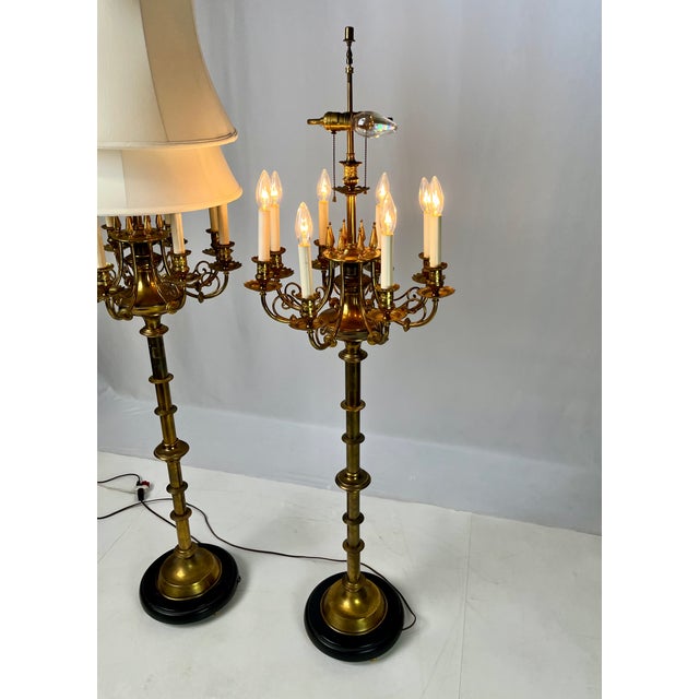 Brass Mid 20th Century Neoclassical 10-Light Brass Candelabra Floor Lamps With Shades - a Pair For Sale - Image 8 of 17