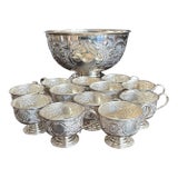 1920’s Sheffield England Hand Chased Repousse SilverPlate Punch Bowl W/12 Cups For Sale
