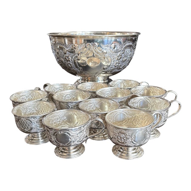 1920’s Sheffield England Hand Chased Repousse SilverPlate Punch Bowl W/12 Cups For Sale