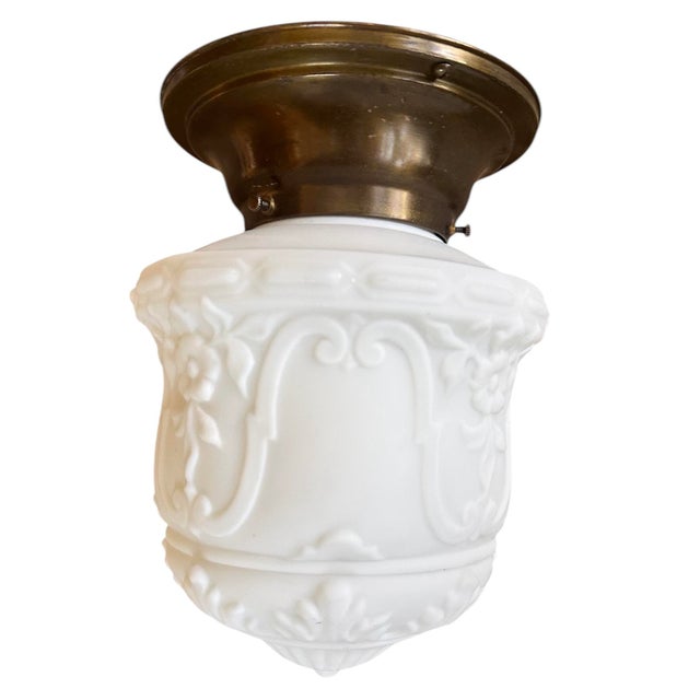 1920s Floral Motif Embossed Cast Glass Shade on Original Brass Holder, Circa 1920 For Sale - Image 5 of 5