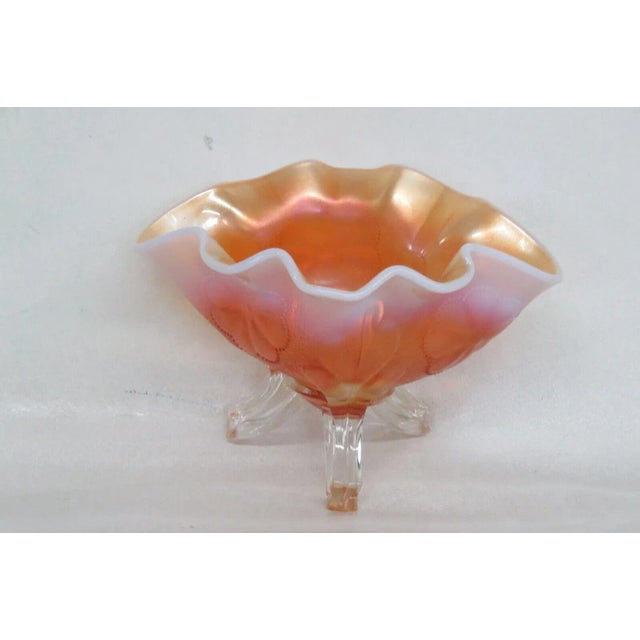 Dugan Style Marigold Carnival Glass Floral Footed Candy Dish Serving Bowl For Sale - Image 13 of 13