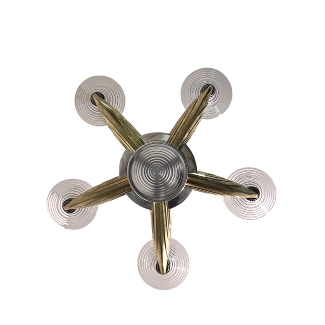 Early 20th Century Petitot Signed Bronze, Nickel, Aluminum, Glass Five Arm Skyscraper Chandelier For Sale - Image 15 of 18