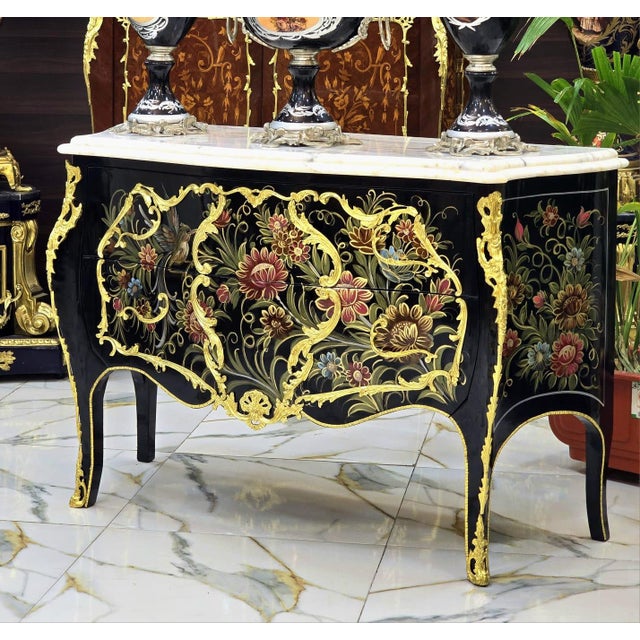 Louis XV Hand-Painted Floral Bombe Chest With Marble Top & Gold Leaf Details For Sale - Image 4 of 5