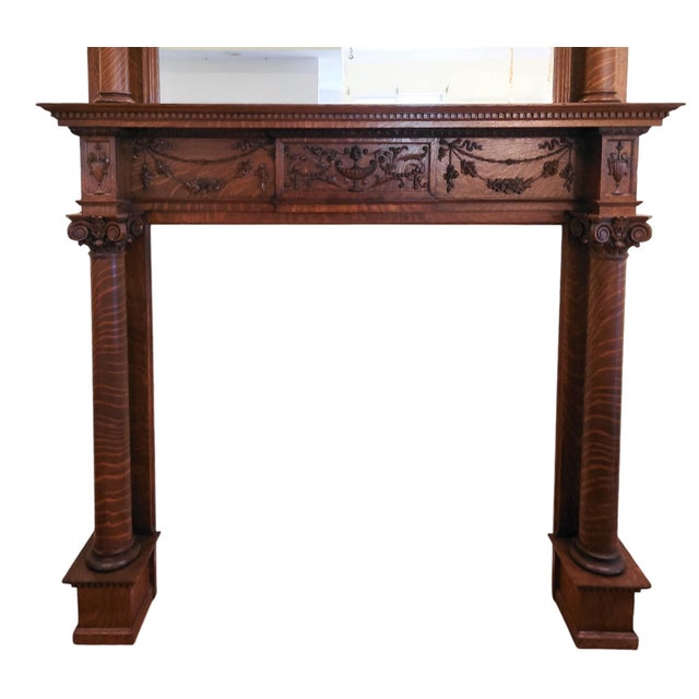 Late 19th Century Grand Late Victorian Tiger Oak Fireplace Mantel With Beveled Mirror For Sale - Image 15 of 18