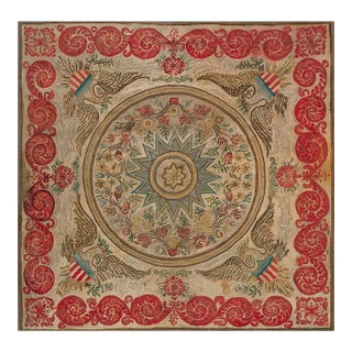 Magistral Tan Beige Color With Floral and Geometric Design Antique American Hooked Rug For Sale