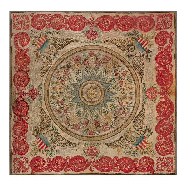 Magistral Tan Beige Color With Floral and Geometric Design Antique American Hooked Rug For Sale