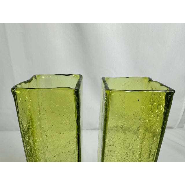 Yellow Art Glass MCM Pale Yellow Green Crackle Glass Rectangular 10" Vintage Vases-Pair For Sale - Image 8 of 9