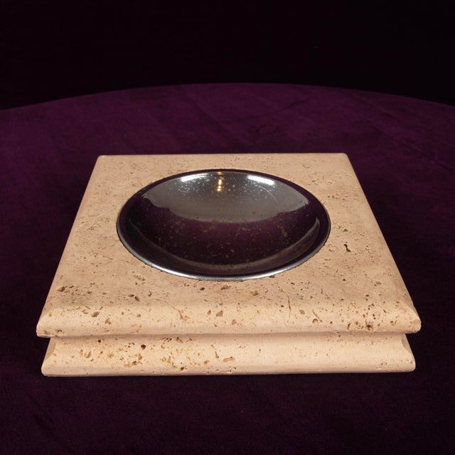 Italian Square Travertine Ashtray with Removable Metal Dish, 1970 For Sale - Image 14 of 16