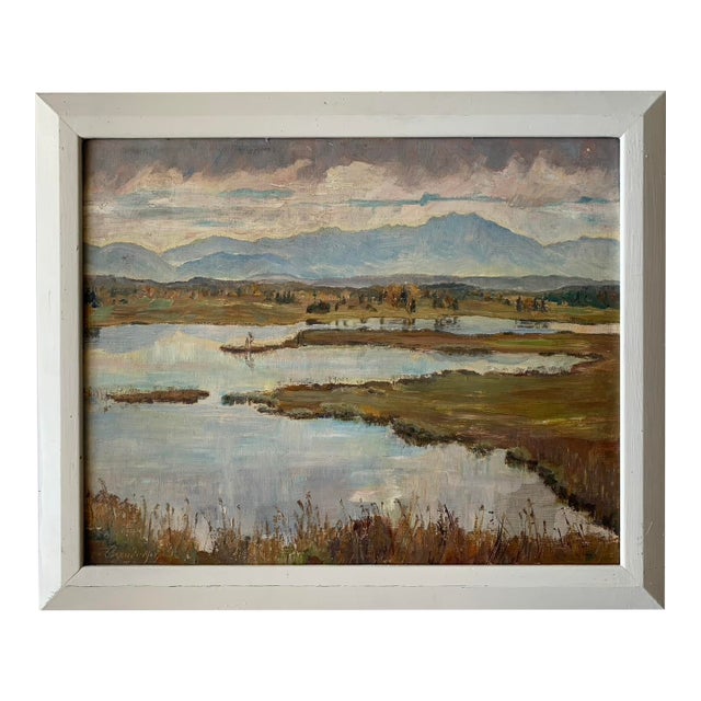 1948 Framed Oil on Cardboard German Landscape Scene For Sale