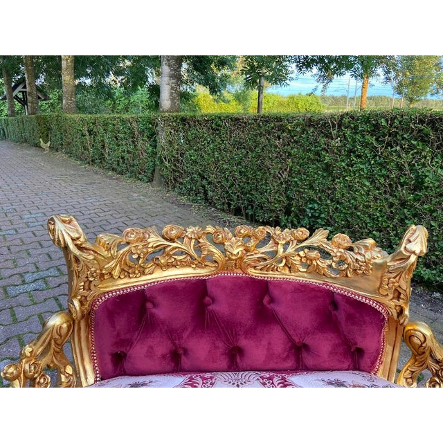 French Late20C French Artisan Louis XVI Style Gold Red Beech Settee For Sale - Image 3 of 14