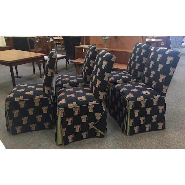 1970s Set of Five Parson Style Custom Chairs With Asian Upholstery, Skirted Bottom With Silk Inner Lining. For Sale - Image 5 of 14