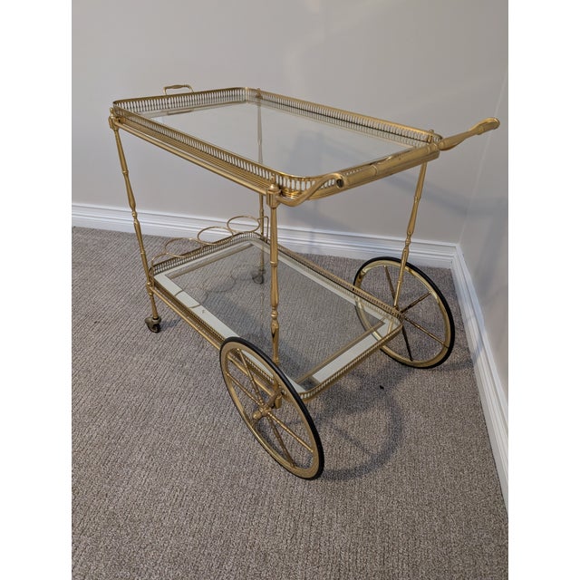 Hollywood Regency Mid 20th Century Hollywood Regency Mirrored Glass and Brass Trolley Bar Cart For Sale - Image 3 of 9