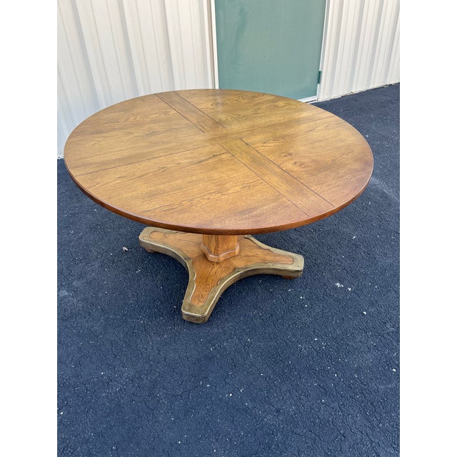1960s Henredon Round Oak Pedestal Game Table With Brass Accents For Sale - Image 10 of 12