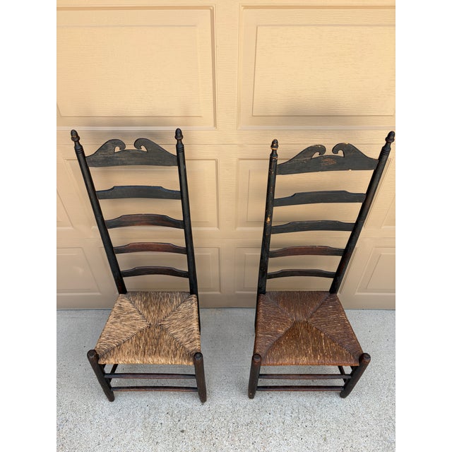 Late 18th Century Pair of Antique Black Painted Shaker Ladder Back Chairs With Rush Seats For Sale - Image 5 of 18